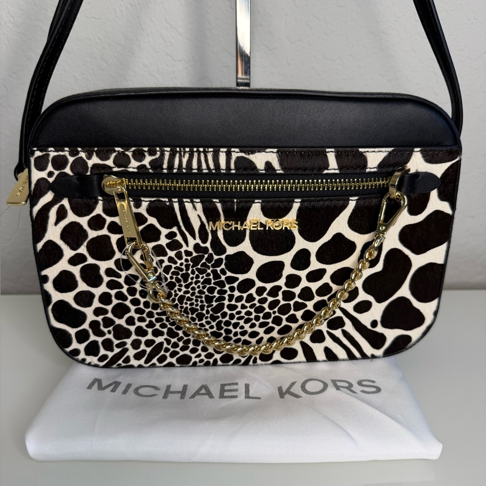 MICHAEL KORS Jet Set Large Crossbody Black Leather & Calf Hair + Dust Bag! NWT